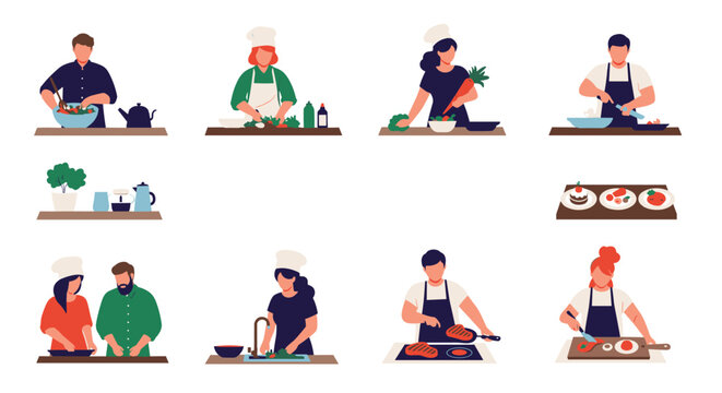 People cooking in the kitchen preparing various healthy meals, chopping fresh vegetables, and frying food at a stove.