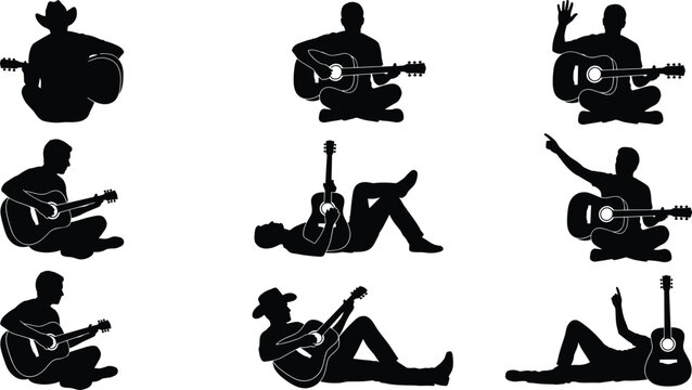 Guitar Player Silhouette Collection Acoustic Musician Sitting and Playing Guitar Poses Isolated Vector Illustration Set Modern Design Artistic