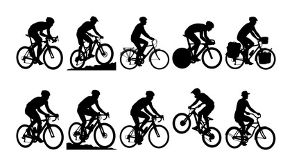 Fototapeta premium Set of Ten Distinct Black Silhouettes Illustrating Various Cycling Styles and Professional Bicycling Activities for Sports Design
