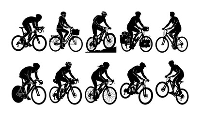 Fototapeta premium Collection of ten black silhouettes featuring various cyclists in dynamic riding positions on different types of bicycles