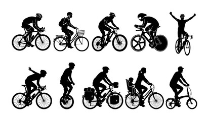 Obraz premium Set of Detailed Silhouette Illustrations Featuring Various Cyclists Riding Different Types of Bicycles Including Commuter and Road Bikes