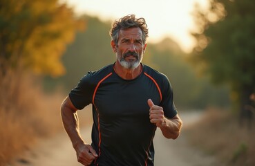 Fototapeta premium Mature man runs outdoors on dirt path at sunrise. He wears dark athletic shirt, grey beard, gray hair. Fitness, healthy active lifestyle, aged runner, outdoor training.