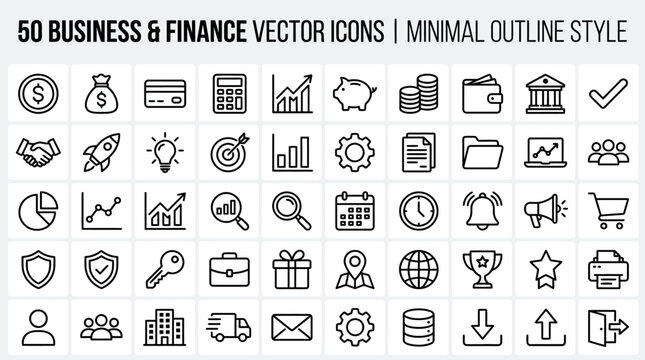 Comprehensive set of business and finance vector icons in a clean, minimal outline style, perfect for web, app, and presentation design projects