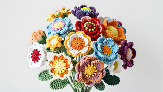 Crocheted Floral Bouquet: A vibrant bouquet of hand-crocheted flowers in various bright colors, showcasing intricate stitching and delicate petal designs.