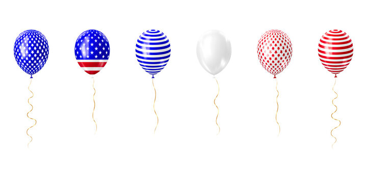 Six colorful party balloons with patriotic patterns, stripes, and polka dots on strings isolated on a transparent background