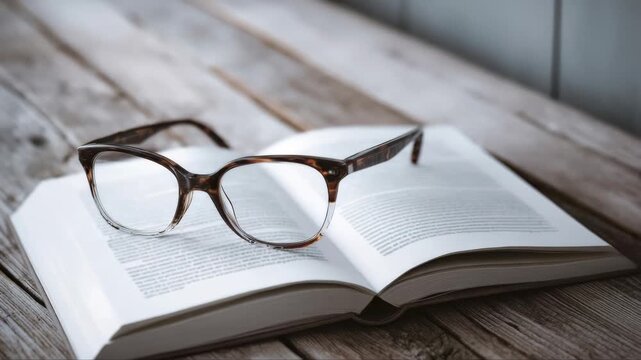 Glasses resting on an open book with visible pages and wooden table surface, showcasing a serene reading environment with natural light illuminating the scene
