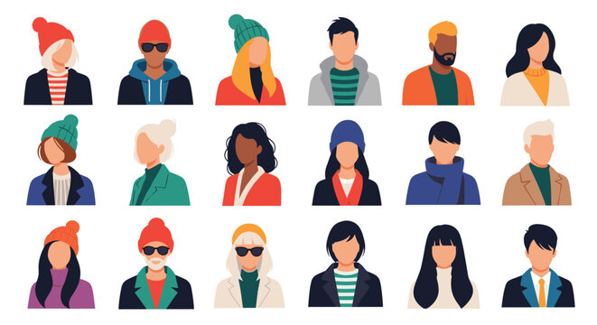 Large set of diverse human avatars wearing winter clothing like beanies and coats in a flat design style for social media icons.