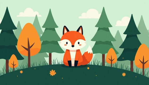Cute cartoon fox sits in green forest with pine trees and orange autumn trees. Small animal rests on grassy hill with flowers. Peaceful woodland scene.