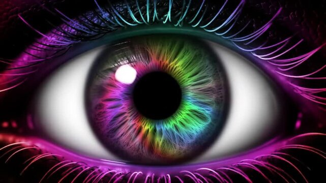 A close up view of a human eye with a vibrant rainbow colored iris
