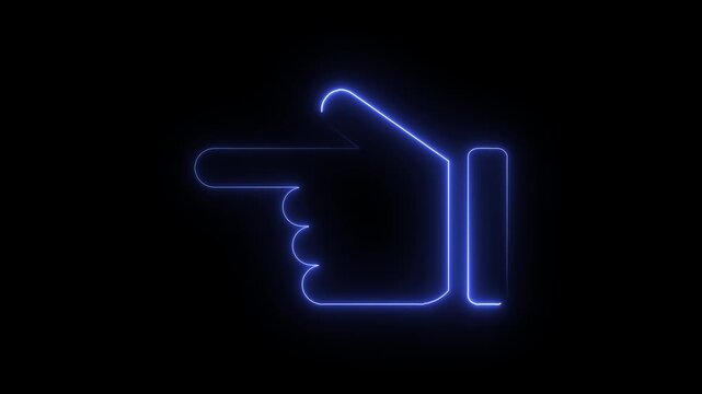 Neon blue glowing hand pointer animation on black background, for digital interface, cursor