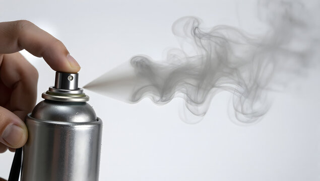 Spray Mist Cloud: A close-up shot captures a hand holding a spray can, releasing a wispy cloud of mist.