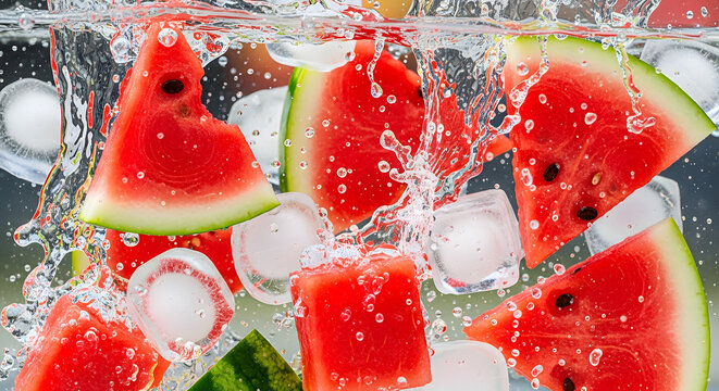 Refreshing Watermelon Splash: Slices of juicy watermelon and ice cubes tumble and splash into clear water, creating a vibrant and invigorating summer scene.