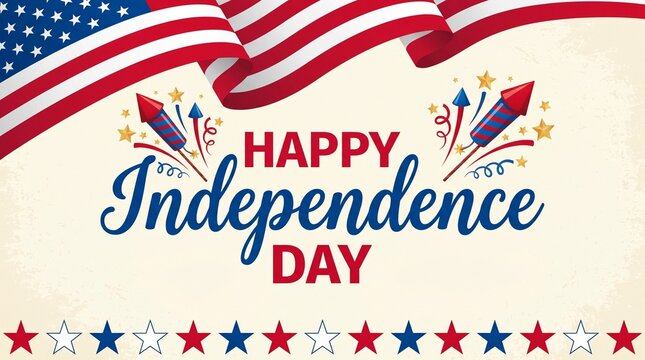 Happy Independence day sign with stars, petards and american flag. 4th of July, United Stated independence day. Template design for poster, banner, flyer, greeting card. Vector
