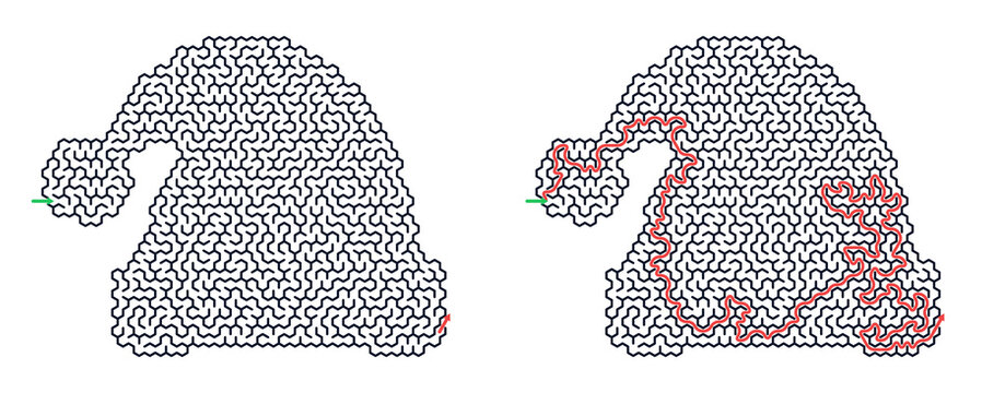 Santa hat hexagonal winter maze puzzle with solution for Christmas holiday logic games, educational activities, and seasonal brain teasers