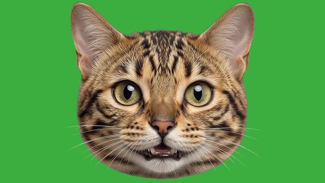 Background animation of cute cat head talking and meowing on green screen background