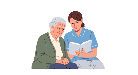 Fototapeta premium Caregiver reading a book together with an elderly woman
