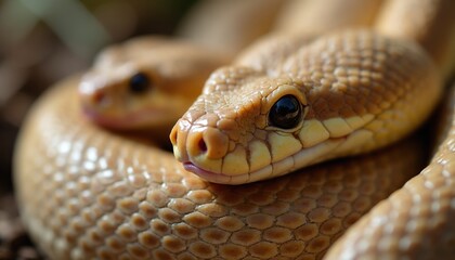 Obraz premium Close up shot of two pale yellow snakes resting together. One snake head is sharp in focus displaying scales and eye. Nature close up animal portrait.