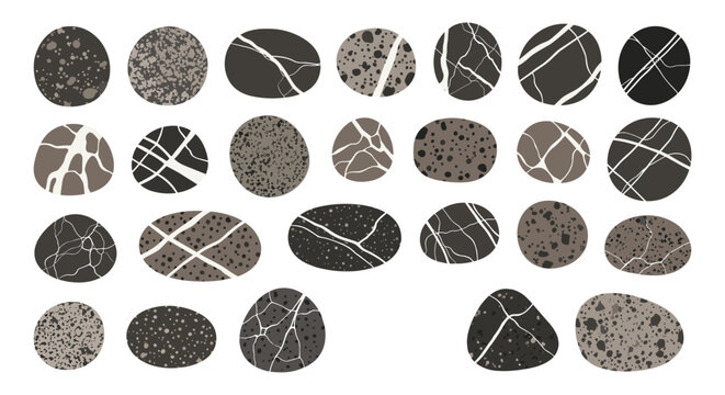 Selection of twenty-five unique pebbles and stones display various natural patterns, dots, and veins in shades of brown and grey.
