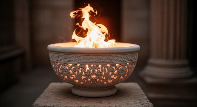 Burning fire bowl on pedestal indoors