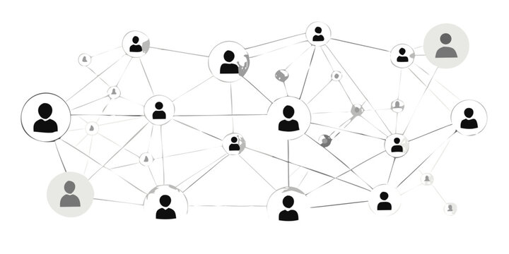 Network graph with grayscale silhouettes on a black background