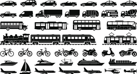 Transportation Vehicles Silhouette Icon Set with Cars Trucks Buses Trains Bikes Boats and Airplanes Vector Illustration © Nurjahan