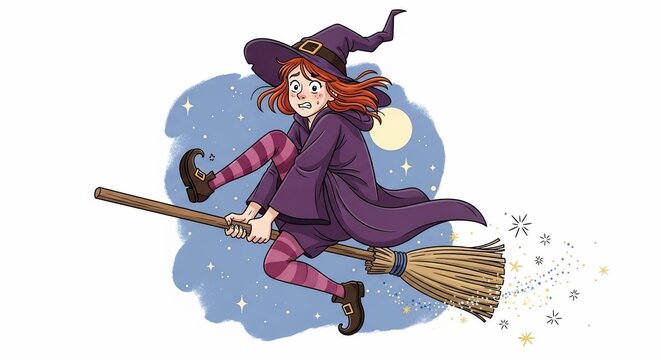 Cartoon witch flying on broomstick at night