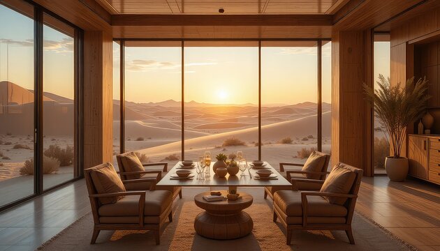 Modern desert retreat room, intimate first date table setup with handcrafted ceramics, panoramic glass walls 
