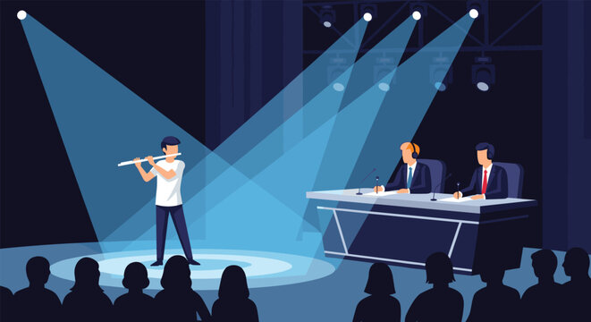 Musician stands in a bright spotlight while playing the flute during a talent show or competition in front of two seated judges.