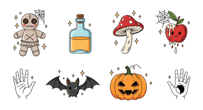 Collection of cute Halloween icons including a voodoo doll potion bottle magic mushroom bat and jack-o-lantern for spooky holiday decorations.