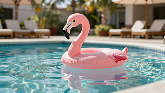 Poolside Flamingo Float: A playful pink flamingo inflatable floats serenely on the crystal-clear water of a swimming pool, promising a fun and relaxing day under the sun.