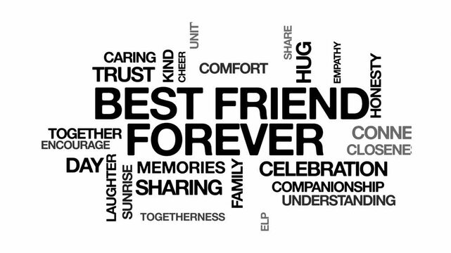 Best friend forever BFF concept Animated Tag Word Cloud kinetic typography, Text Design Animation typography seamless loop video motion graphics Intro Wordart arrangement black type on white backgroun
