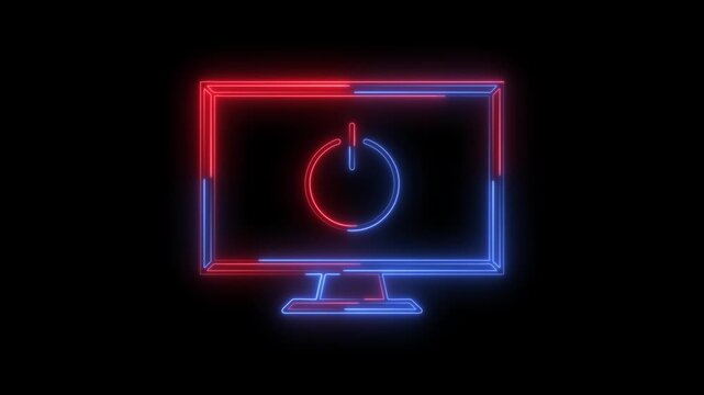 Neon lit computer monitor with power button symbol on screen in red and blue colors