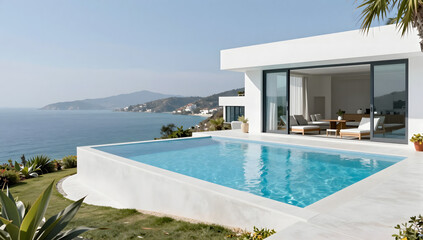 Fototapeta premium Luxury Villa by the Sea: A modern white villa with an infinity pool overlooking a tranquil blue ocean and distant hills, offering a serene escape and breathtaking coastal views.