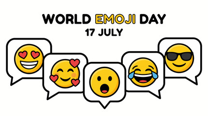 Naklejka premium World Emoji Day banner with various popular emojis in speech bubbles celebrating July 17th.