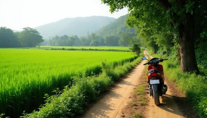 Obraz premium Red scooter parked on dirt path near bright green rice field. Tall trees line road, misty hills in background. Rural landscape, sunny day, peaceful journey.