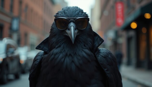 Raven in sunglasses and coat stands on city street. Bird looks cool and confident. Urban scene with buildings and cars. Maybe a detective or spy bird character.