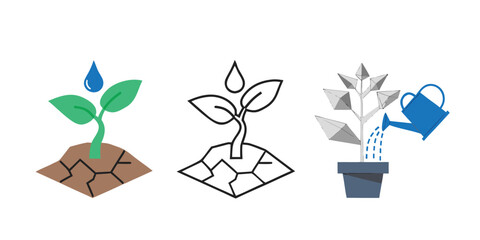 Set of flat and isometric low poly plant growth icons featuring young sprout on cracked earth and watering pot vector illustration. © Shofikul islam