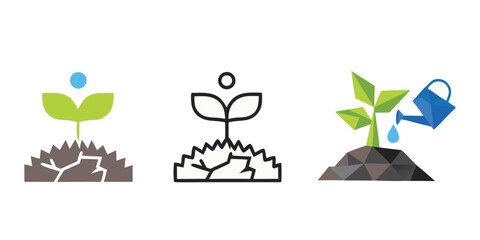 Set of geometric low poly plant watering and sprout growth icons with water drop and watering can vector illustration. © Shofikul islam