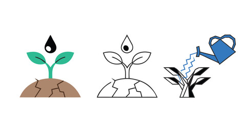 Set of flat plant watering and sprout growth icons with water drop and watering can vector illustration. © Shofikul islam