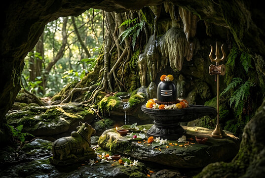 Lush green forest cave setting with small stone nandi facing a beautiful flower decorated mahadev shiva lingam resting peacefully on mossy rocks for maha shivratri