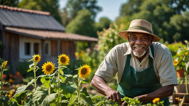 Smiling elderly gardener harvesting vegetables in a lush organic garden surrounded by blooming sunflowers near a rustic farmhouse