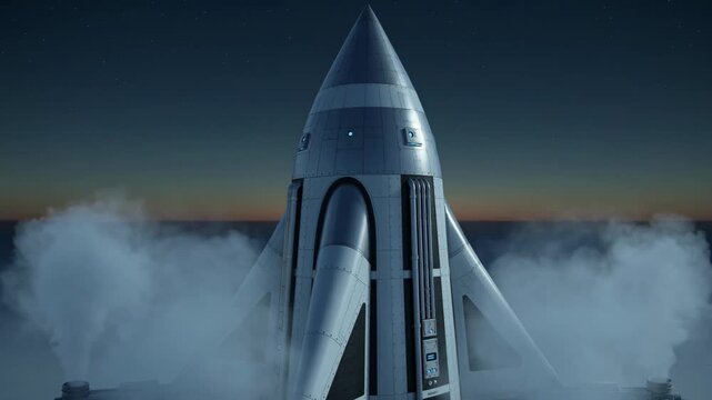 Futuristic rocket spaceship on a launchpad preparing for space travel mission while venting cryogenic vapor from its booster, representing a new era of exploration and discovery