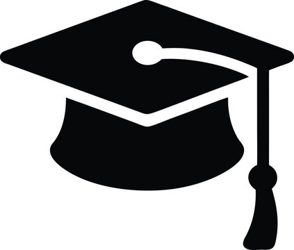 Graduation cap icon, black academic mortarboard vector, university degree achievement symbol, minimalist student hat with tassel for education design