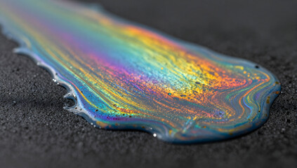 Naklejka premium Iridescent Puddle of Oil: A puddle of iridescent oil shimmers with a rainbow of colors on a dark, textured surface, creating a mesmerizing abstract pattern.