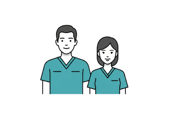 Fototapeta premium A male and female healthcare professional in teal scrubs, minimalist flat vector characters with subtle smiles side-by-side on transparent, representing medical teamwork concept