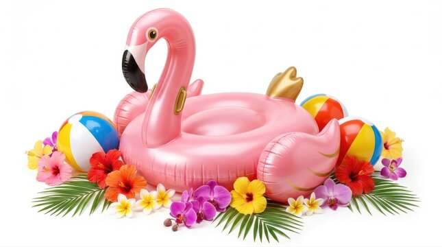 A pink inflatable flamingo float surrounded by colorful beach balls, tropical flowers, and palm leaves isolated on white background for summer fun and vacation