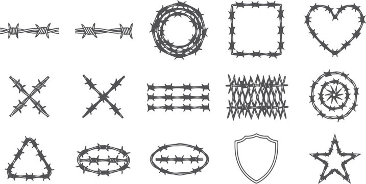 Barbed wire shapes and elements including circles squares triangles and heart for design.