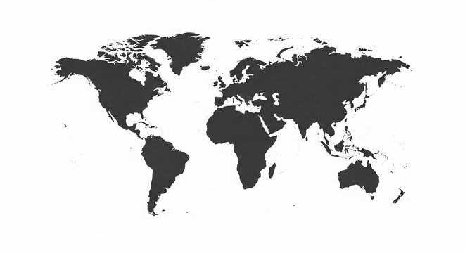 Stylized dark grey world map silhouette on a clean white background, representing global geography, continents, and international connections.
