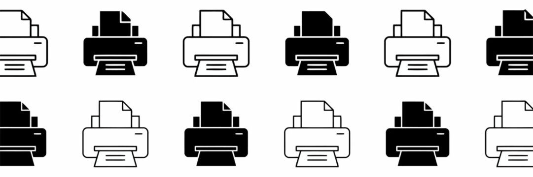 A collection of twelve black and white printer icons arranged neatly in two horizontal rows on a clean white background