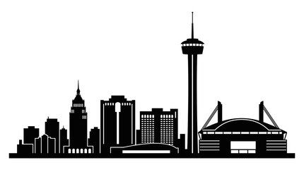 Obraz premium Black silhouette vector art of a modern city skyline, featuring diverse architecture including skyscrapers, observation tower, and a large stadium